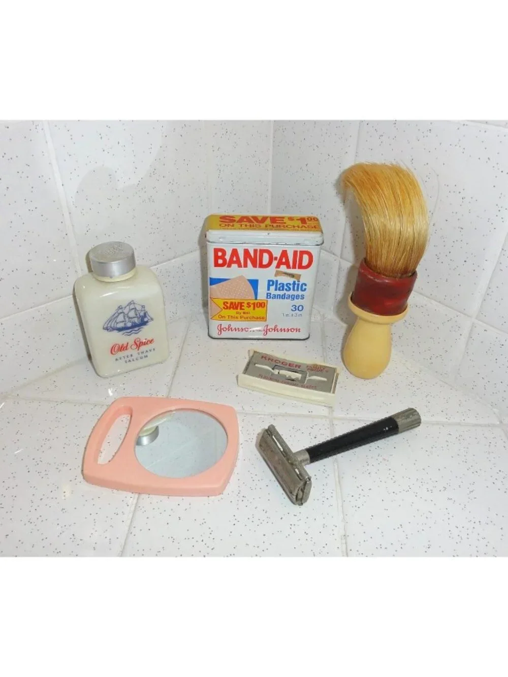 Vintage Shaving & First Aid Bathroom Lot razor celluloid shave brush band-aid